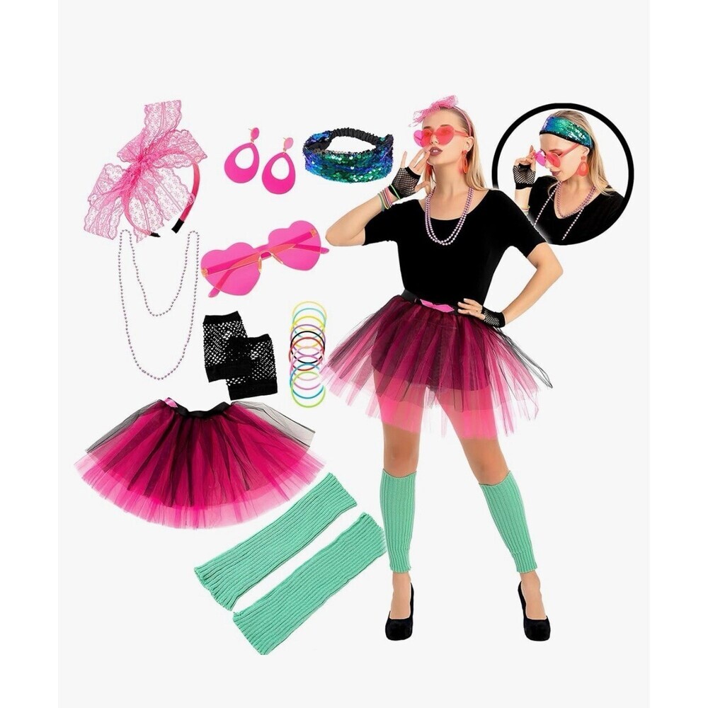 80s Costume Accessory Set - pink black tutu NO SHIRT leggings women's rockstar